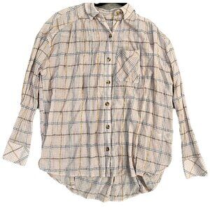 Free People Break My Stride Button Down Shirt Size XS Oversized Plaid Pink Gold